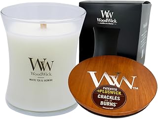 WoodWick アロマキャンドル 焚火 ウッドウィック ジャーキャンドルM キャンドル 焚き火の音がするキャンドル ギフト 女性 プレゼント 香り アロマ (ホワイトティ―＆ジャスミン)